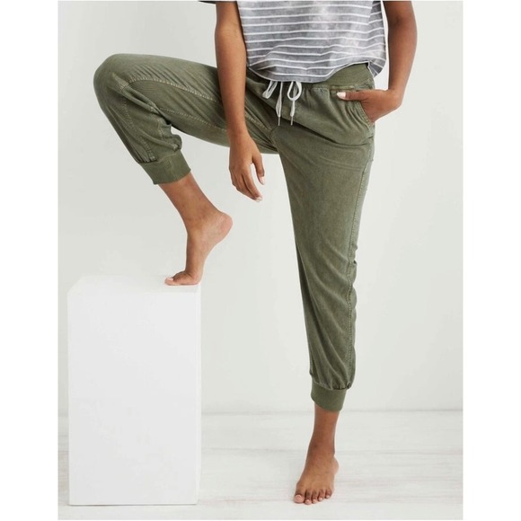 Aerie Womens Large Small Ribbed Woven Jogger Pants Green Lyocell Relax Comfy - Picture 1 of 9